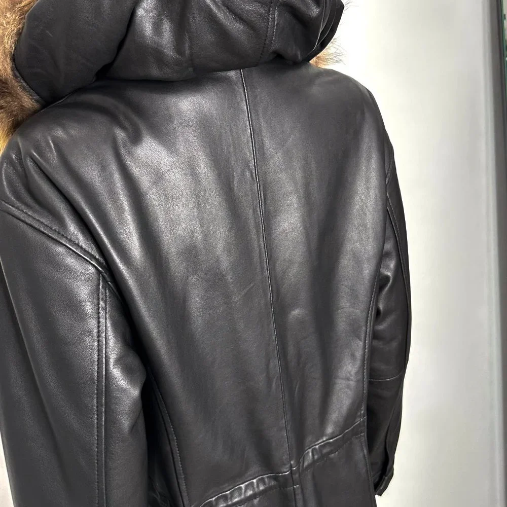 Genuine Lamb Leather Longline Coat Jacket w/ Remove-able Faux Fur Trim Hood - Picture 11 of 16